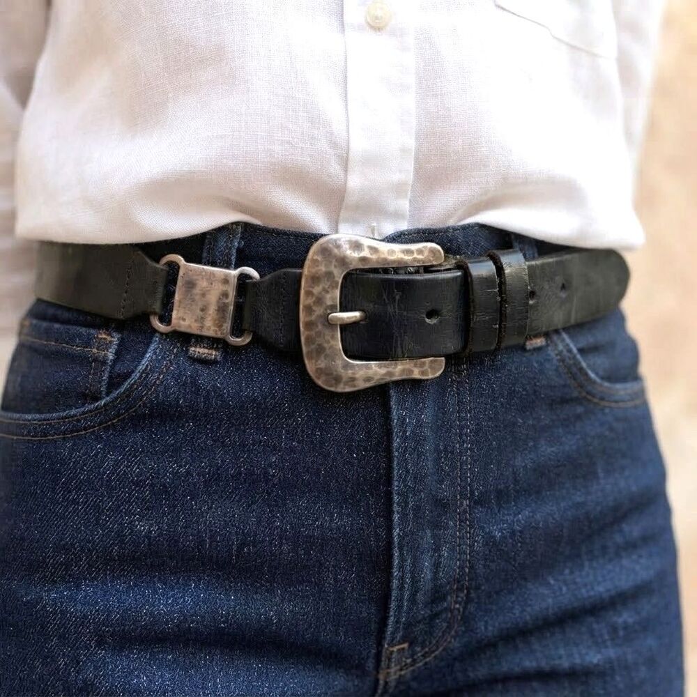 Fossil Black Leather Hammered Chain Belt Womens Size XL